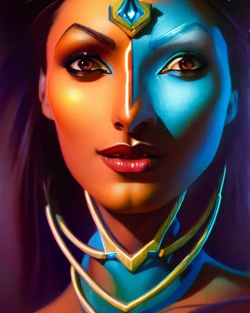 Image similar to symmetra from overwatch, fantasy, fantasy art, fantasy, colorful, elegant, character portrait, portrait, close up, highly detailed, intricate detail, amazing detail, sharp focus, vintage fantasy art, vintage sci - fi art, radiant light, caustics, by boris vallejo