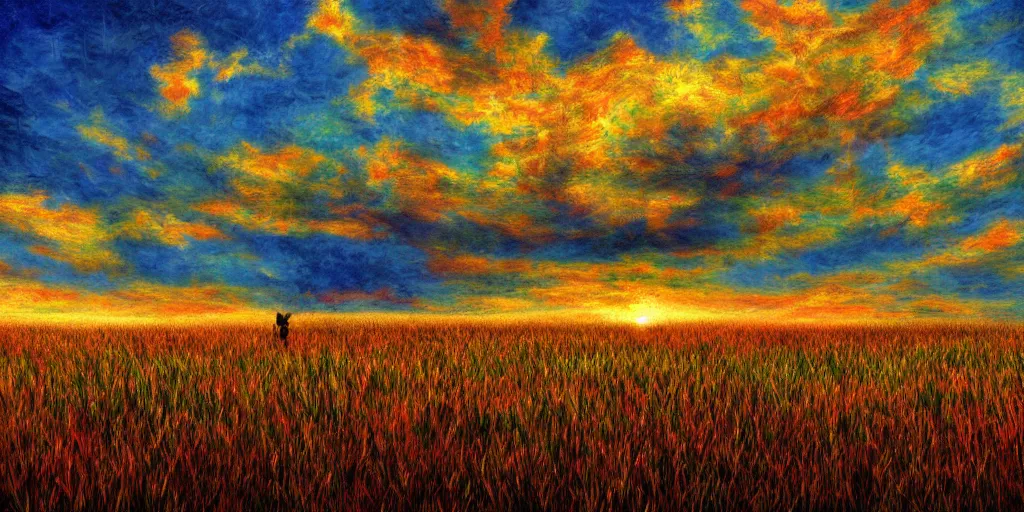 Prompt: empty grass land for miles in every direction blue cthulhu walks in the distance on the horizon puffy clouds in the sky at beautiful sunset, rule of thirds, hyper detailed, digital art, insane complexity red and yellow