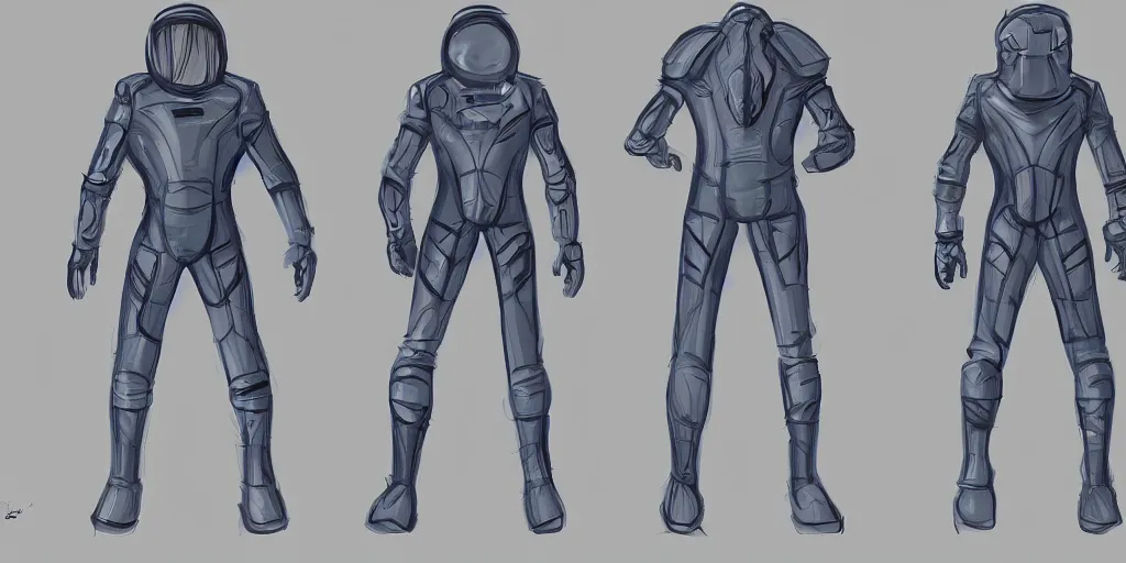 Image similar to male, space suit, character sheet, concept art, stylized, large shoulders, large torso, long thin legs, exaggerated proportions, concept design