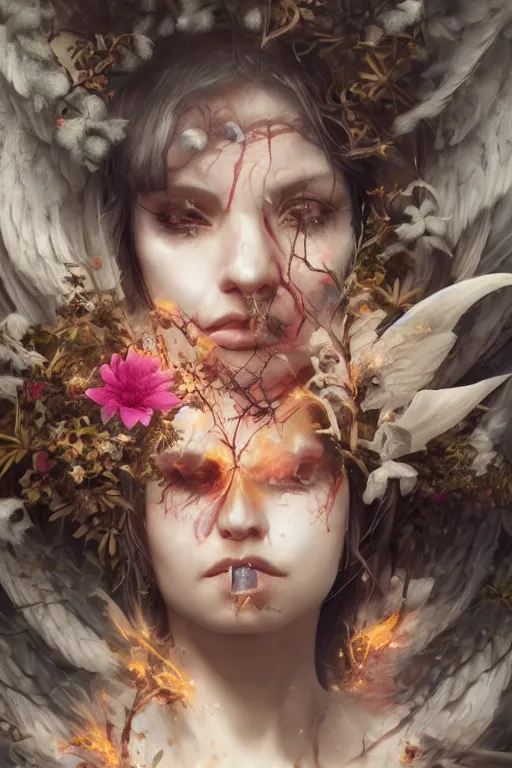 Image similar to face closeup of beautiful girl necromancer, witch - doctor exploding into flowers, angels, 3 d render, hyper - realistic detailed portrait, holding fire and electricity, forest, wings, leaves and magic, ruan jia, wlop. scifi, fantasy, magic the gathering, hyper detailed, octane render, concept art, peter mohrbacher