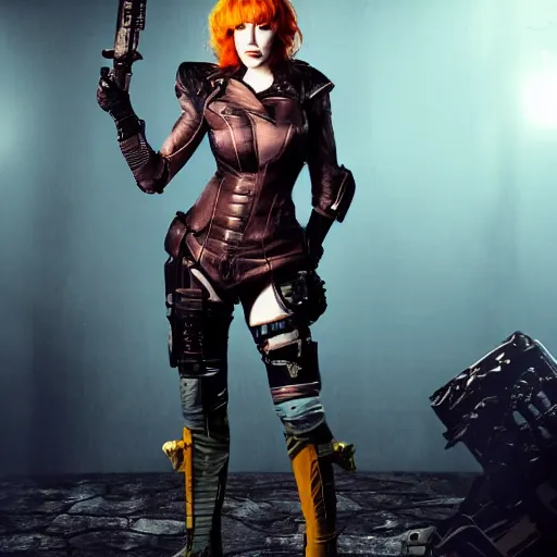 Prompt: full body photo of christina hendricks as a cyberpunk warrior with weapons by Sakimichan trending on Deviantart