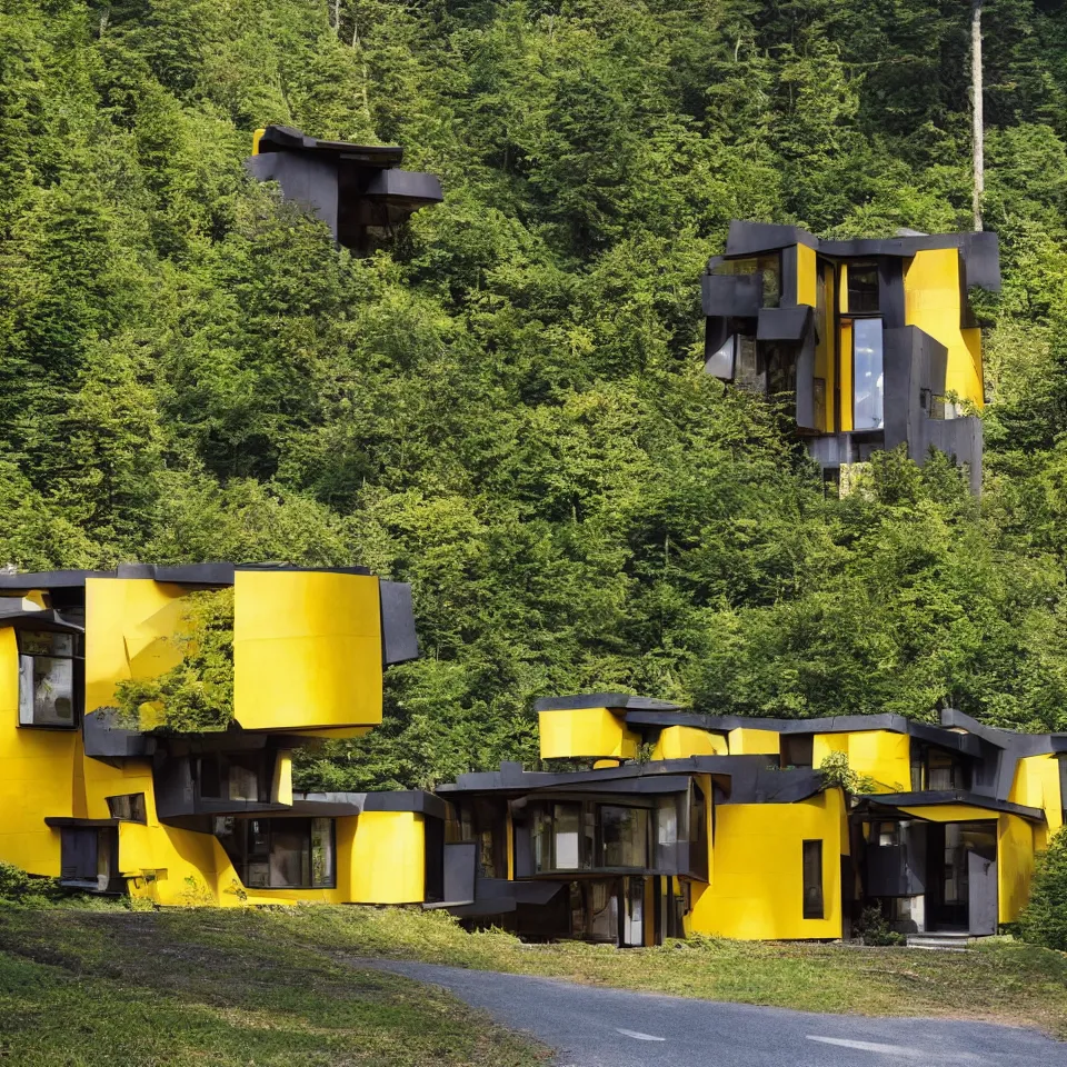 Image similar to a tiny brutalist flat horizontal house in the black forest, designed by Frank Gehry. Big tiles. Small wooden pathway . Film grain, cinematic, yellow hue