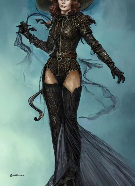 Image similar to beautiful female witch, rebecca romijn as wicked witch of the west, full body character concept, covered in full leather armor, art nouveau, super powers, fantasy, intricate, elegant, highly detailed, digital painting, artstation, concept art, shining, sharp focus, illustration, art by stanley lau