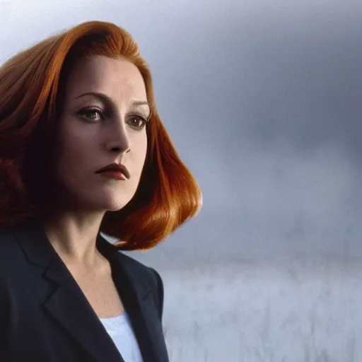 Prompt: masterpiece full body portrait of Scully from the X-Files, hair blowing in the wind, eerie fog, dramatic lighting, 8k