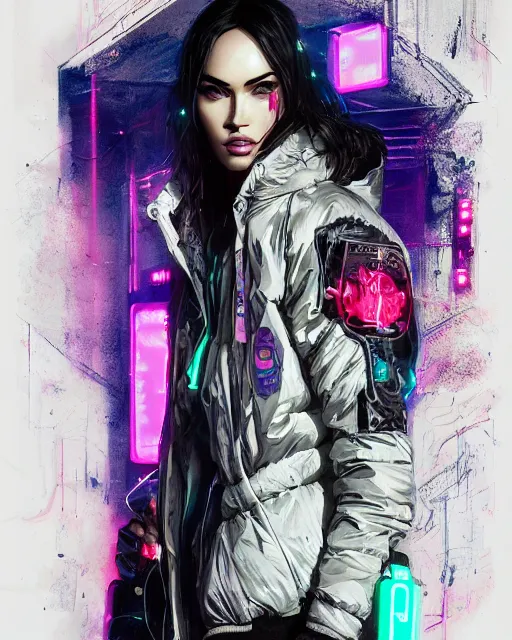 Prompt: detailed portrait megan fox neon operator girl cyberpunk futuristic neon reflective puffy coat, decorated with traditional japanese ornaments by ismail inceoglu dragan bibin hans thoma greg rutkowski alexandros pyromallis nekro rene margitte illustrated perfect face, fine details, realistic shaded, fine - face, pretty face