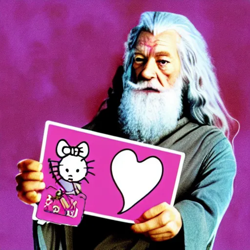 Image similar to portrait of gandalf, wearing a Hello Kitty bow, holding a blank playing card up to the camera, movie still from the lord of the rings