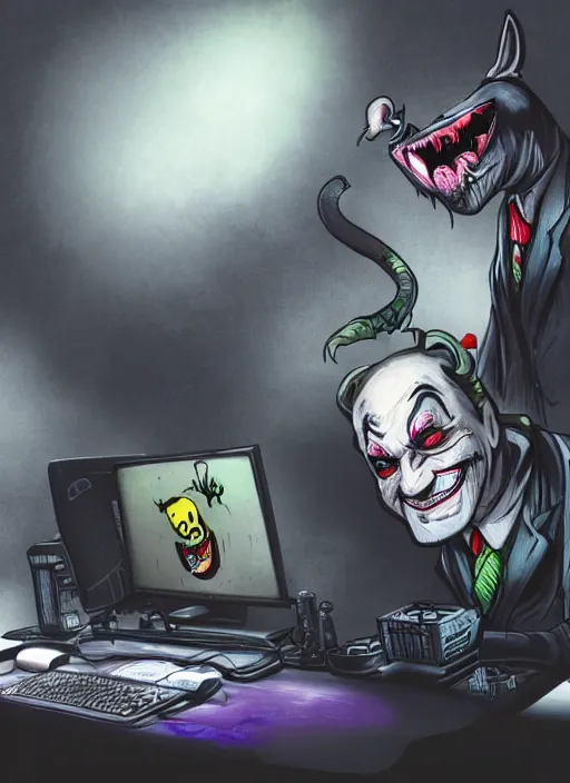 Image similar to Rat with Joker face paint sitting on gamers chair on gaming computer typing on keyboard, gaming, computer, gamers keyboard, looking sad, crying in the dark and gloom, defeating Batman, realistic, digital art, 4k, cinematic lighting, explosion in the background