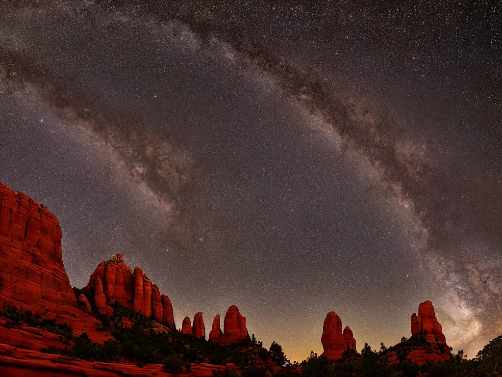 Image similar to long distance shot, sedona's cathedral rock bluff, night, milky way, intricate lines, elegant, extreme detail, sharp focus, photo realistic, ultra realistic, photographic