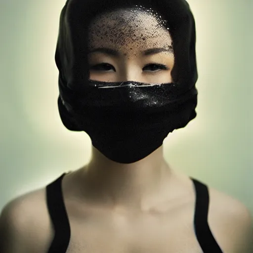 Image similar to beautiful woman in liquid fluid simulation, female upper body, beautiful supermodel, black wave patterns, cinematic light, cinestill, film still, body portrait, geisha, optical illusion, art noveau, female balaclava