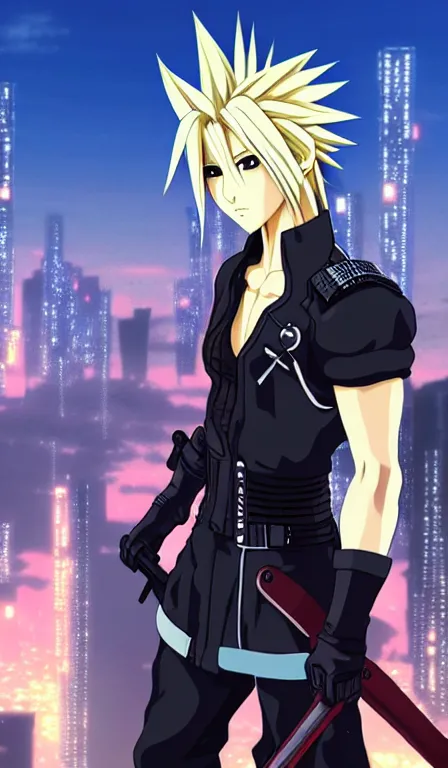 Image similar to anime fine details portrait of Cloud Strife in front of cyberpunk moder city landscape on the background deep bokeh, close-up view, anime masterpiece by Studio Ghibli. 8k, sharp high quality anime, artstation