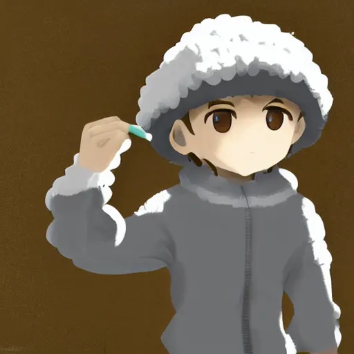 Image similar to boy wearing sheep suit. white, gray, blue, green and brown pallet color. made in abyss art style, inspired in chris from deltarrune