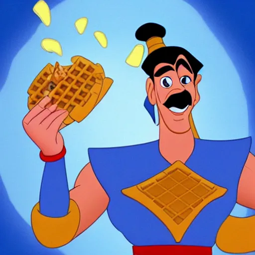 Prompt: the genie from aladdin hates waffles, he hates waffles so much, he wants to destroy any waffle he sees. the genie from aladdin sees some waffles right now