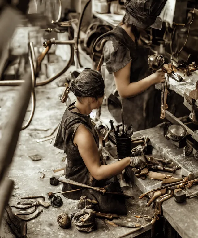 Image similar to A beautiful girl makes bronze gear on a workbench, 50mm photo, soft light, highly detailed, motion blur, trending on artstation