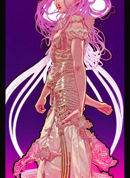 Image similar to highly detailed terada katsuya artgerm artstation shinny fluorescent gradient reflection minaba hideo manga poster of princess mechine, long hair, armor, dress, laces, ruffles, 8 k, maximalist, jump comics, tomer hanuka, alphonse mucha