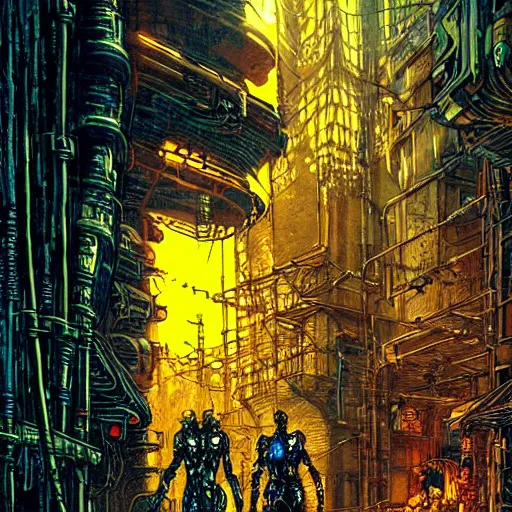 Image similar to cyberpunk knights in an alley of derelict tech, atmospheric lighting, painted, intricate, golden hour, ultra detailed by philippe druillet