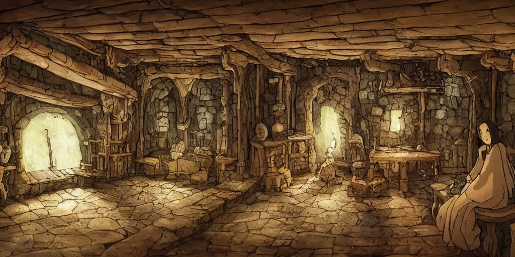 Prompt: a medieval fantasy interior room filled with codex ancient scrolls maps artifacts wooden desk shelves glass flasks and bottles wooden floor, open window at night, dark dank interior, candlelight, warmly lit, muted colorful, intricately detailed texture, in the style of hayao miyazaki studio ghibli films