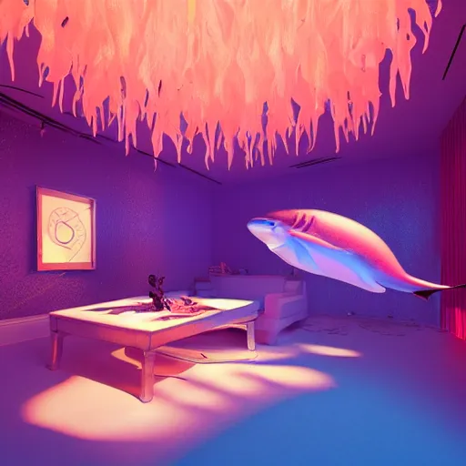 Image similar to photo of the modern fashionable room as aquarium with a chandelier as a big jellyfish, beautiful corals on the walls and dangerous sharks on the big panoramic window, a lot of gleans, under the ocean, realistic colors, realistic shadows, daylight made in blender and cinema 4 d, hd, 3 d by beeple and by greg rutkowski