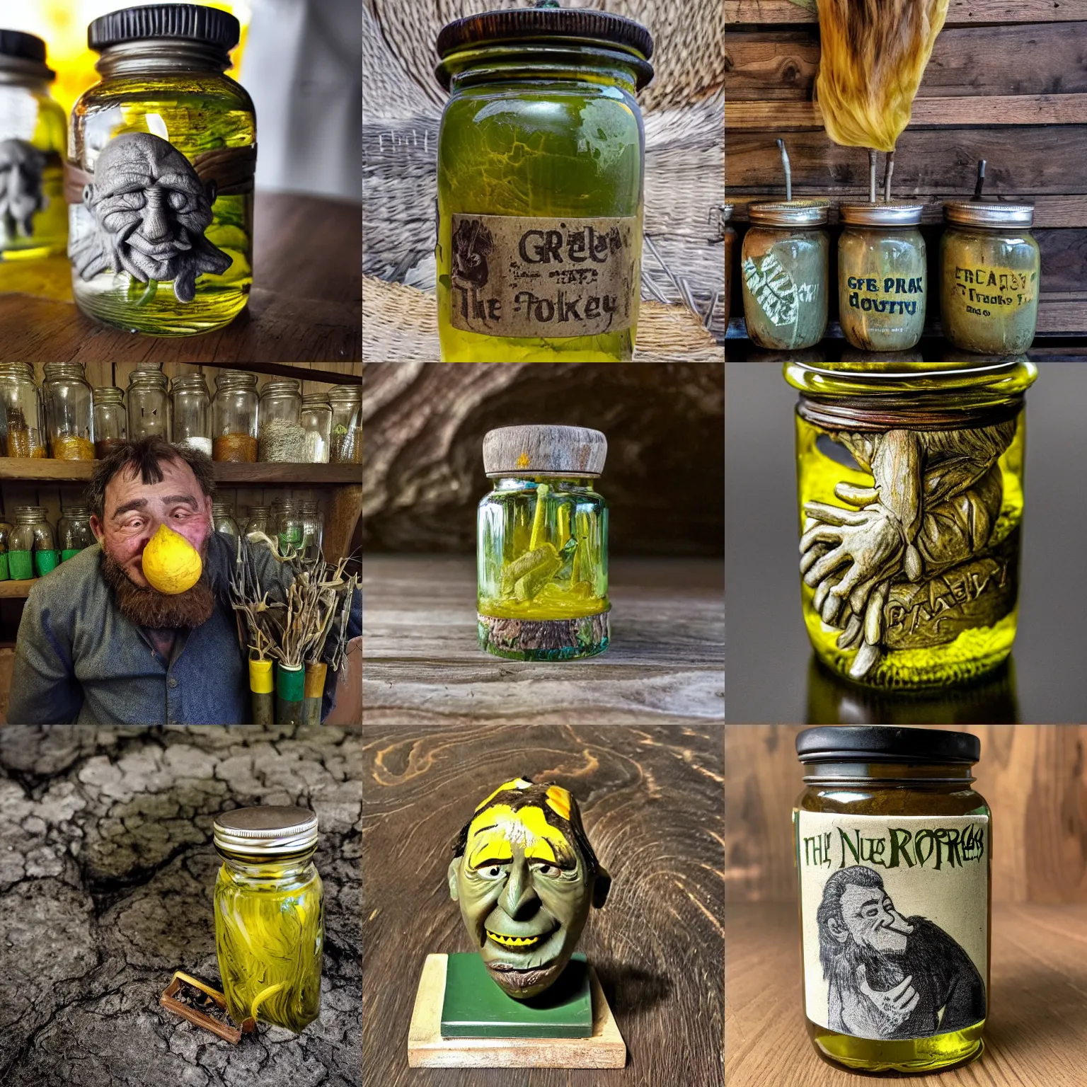 Prompt: the troll picked his nose at his gnarly oak table and retrieved a green and yellow long bogey. He twirled it in his fingers and stored it in a jar marked summer 2022. Above his head are a row of jars storing bogeys from many years ago.