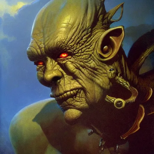 Image similar to beautiful realistic fantasy painting of a goblin with metal hurlant, by Frazetta and Beksinski, volumetric lighting, trending on art station, polarizer filter