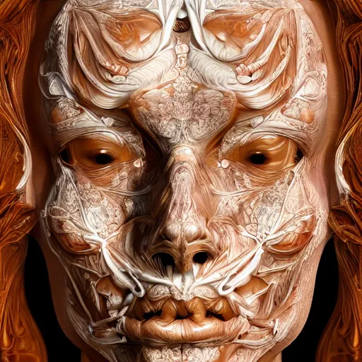 Image similar to beatifull face portrait of a woman, 150 mm, anatomical, flesh, flowers, mandelbrot fractal, facial muscles, veins, arteries, intricate, golden ratio, full frame, microscopic, elegant, highly detailed, ornate, ornament, sculpture, elegant , luxury, beautifully lit, ray trace, unreal, 3d, PBR, in the style of peter Gric , alex grey and Romero Ressendi