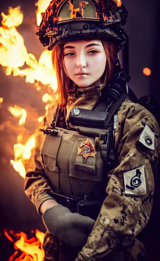 Image similar to portrait photo of a girl, highly detailed, flames in the background, high resolution, cosplay photo, stunning, girls frontline style, bokeh soft, shot on 70mm, zenithal lightning, trending on instagram, by award winning photographer, realistic human anatomy, real human faces, realistic military carrier, soldier clothing, modern warfare, salute pose, shot with a professional camera, low saturation, soldier clothing