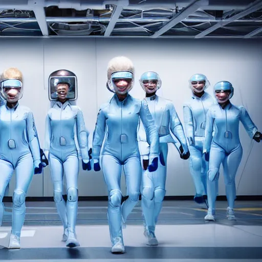 Image similar to troop of identical athletic women with white hair wearing tight light blue latex suits, in formation, futuristic chemistry lab, sci - fi, highly detailed, hyperrealistic