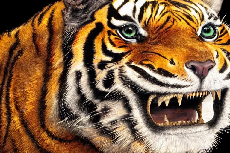 Image similar to An extremely bright studio photograph of a snarling tiger in the style of Salvador Dali, high-quality, professional, dramatic lighting, extremely high detail, trending on artstation