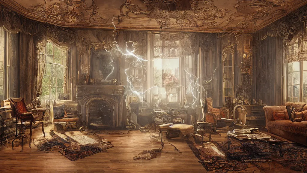 Image similar to richly decorated Victorian house, modern, beautiful, detailed wood, photorealistic, photorealism, lightning, clouds, smoke, the autumn light comes in through a window, diffuse light, vivid cybernetics