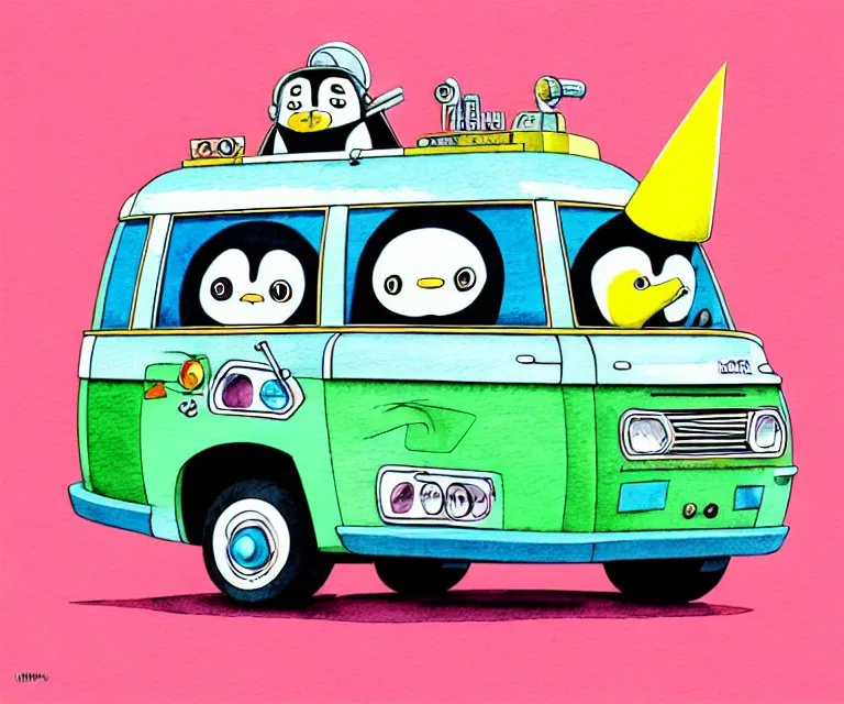 Image similar to cute and funny, penguin wearing a helmet riding in a tiny mystery machine van with an oversized engine, ratfink style by ed roth, centered award winning watercolor pen illustration, isometric illustration by chihiro iwasaki, edited by range murata, tiny details by artgerm and watercolor girl, symmetrically isometrically centered, sharply focused