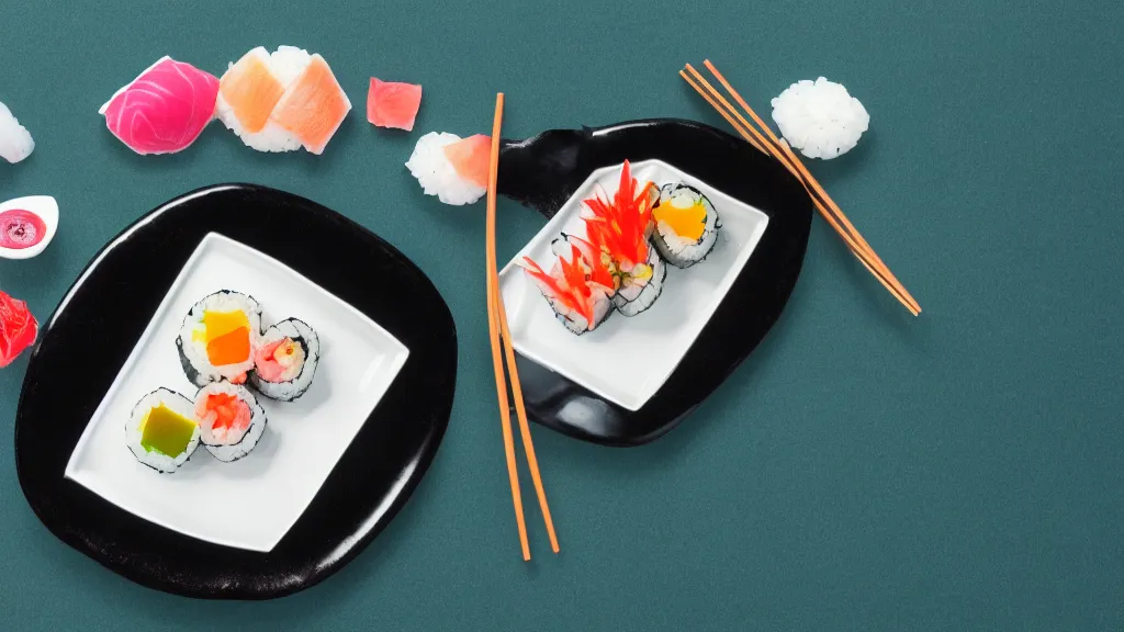 Image similar to an arrangement sushi on a white ceramic platter, japan, a collage painting, in the style of wes anderson, lola dupre, david hockney, isolated on negative white space background dark monochrome neon spraypaint accents volumetric octane render