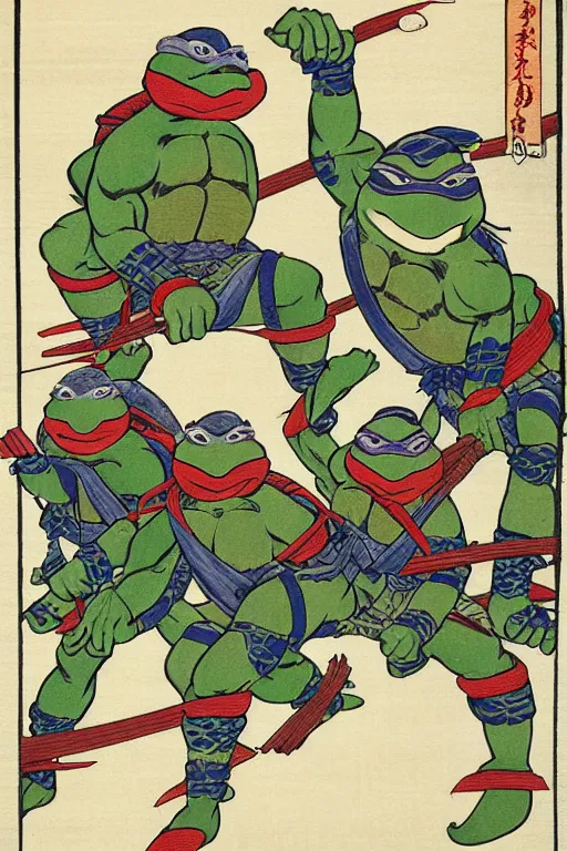 Image similar to Four Teenage Mutant Ninja Turtles, Japanese ukiyo-e ukiyo-ye woodblock print, by Moronobu