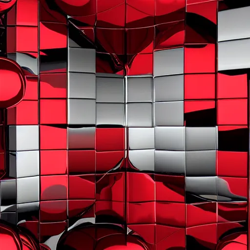 Prompt: chrome spheres on a red cube by wojciech siudmak
