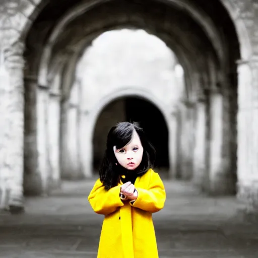 Prompt: a photography of a little girl with black hair and wearing a yellow coat in the middle of a cloister in an abbey by shoji ueda