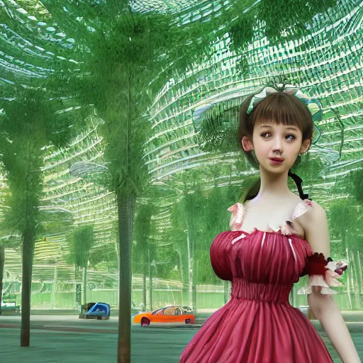 Prompt: A lolita dress themed as a A beautiful girl standing in a Ecofriendly utopian jungle city. Solar panels solarpunk with energy green trees jungle vines urban skyscraper. Eco domes with gardens inside. Giant wind energy windmills, flying spaceships. Spaceships in the sky delivering people to tall jungle buildings. Unreal engine photorealistic high defintion depth of field rendering 4k