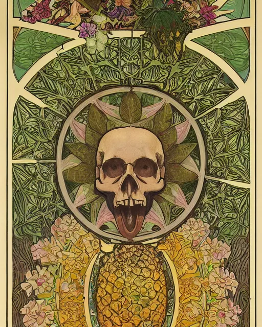 Image similar to a poster of a Carved ancient skull with pineapple leaves growing out of the top art surrounded by varities of flowers, cell shading, voronoi, fibonacci sequence, sacred geometry by Alphonse Mucha, Moebius, hiroshi yoshida, Art Nouveau, colorful, ultradetailed, vivid colour, 3d