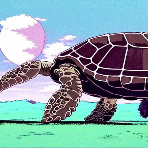 Prompt: a still from princess mononoke ( 1 9 9 7 ) film of a lovecraftian giant mechanized sea turtle, daytime on a baseball field. full body, wide shot, very muted colors, post grunge, studio ghibli, laurie greasley, highly detailed, deviantart, art by artgem