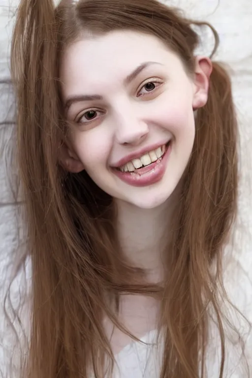 Prompt: beautiful face portrait of a young slim woman, large high forehead, overbite, recessed jaw, winged eyeliner, glasses, lower lip piercings, brown hair in pigtails and bangs, smile lines, similar to hannah murray, by nicholas hilliard, raphael