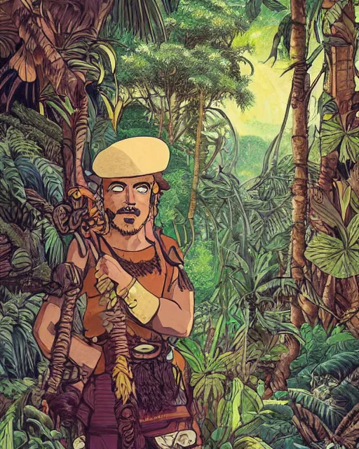 Image similar to portrait of a conquistador in a jungle, by nicola saviori, and dan mora, studio ghibli color scheme, highly detailed