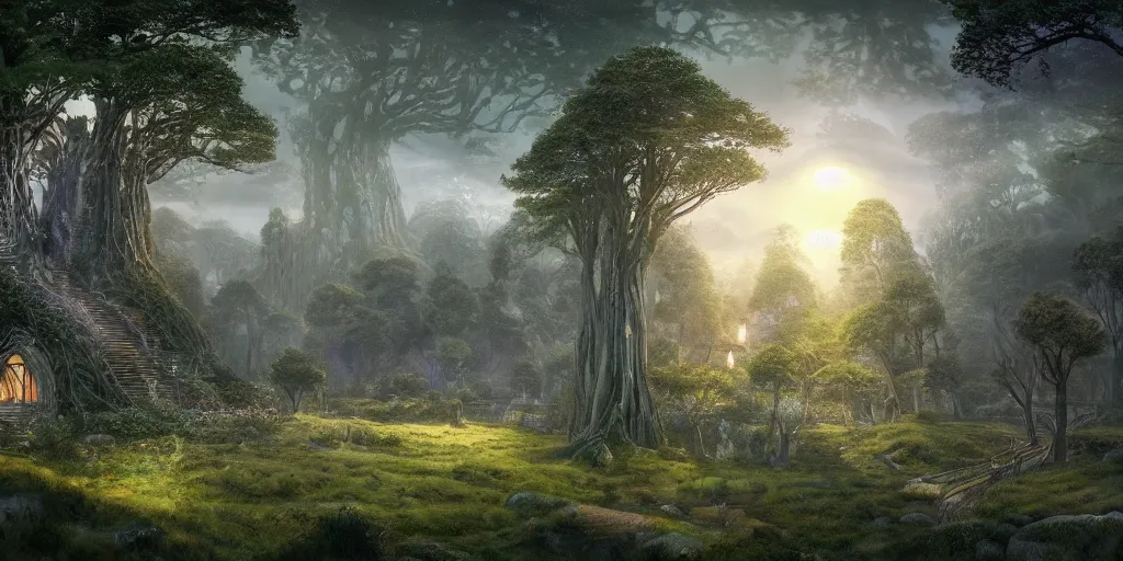 Prompt: Lothlórien with elven homes on trees, evening, detailed matte painting, cinematic, Alan Lee, Artstation