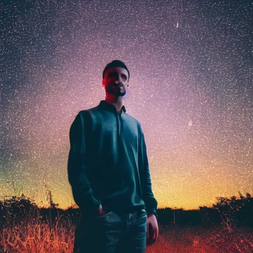 Prompt: man portrait surrounded by fireflies, 8 k photography