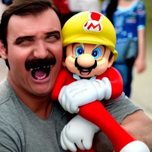 Image similar to a large super mario smiling while holding a screaming crying kid in his arms