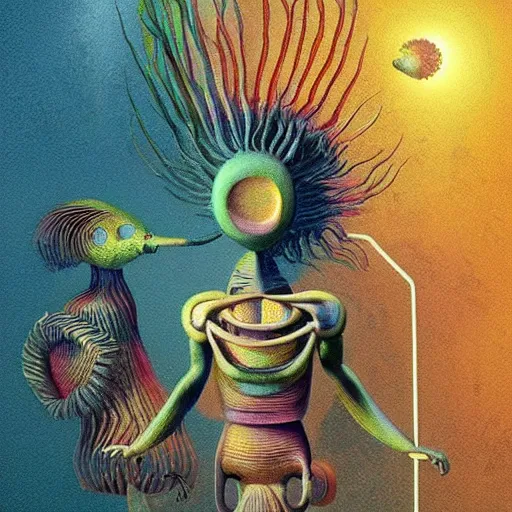 Image similar to strange colourful creatures. digital artwork by vincent bons, michael whelan, beeple, remedios varo and gerardo dottori. grainy and rough. interesting pastel colour palette. beautiful light. oil and water colour based on high quality render. retro.