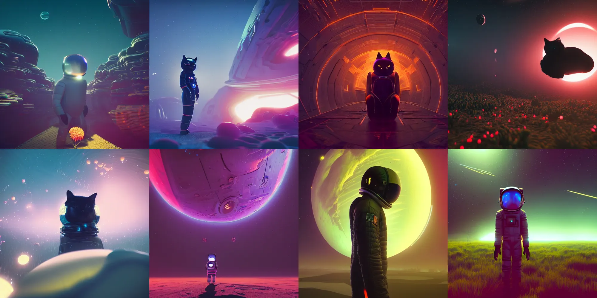 Image similar to beautiful dark landscape, black cat astronaut, beautiful flowers, in the style of beeple and mike winkelmann, intricate, epic lighting, cinematic composition, hyper realistic, 8 k resolution, unreal engine 5, raytracing, ultraviolet colors,