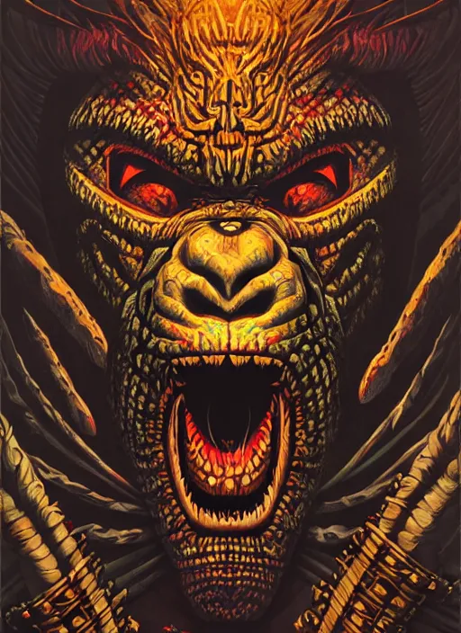 Image similar to barong family member, wiwek, mara demon, lizard tongue, one single tribe member, jungle, one single mask, dark, ancient warrior, gorilla, tribals, art by dan mumford and justin gerard