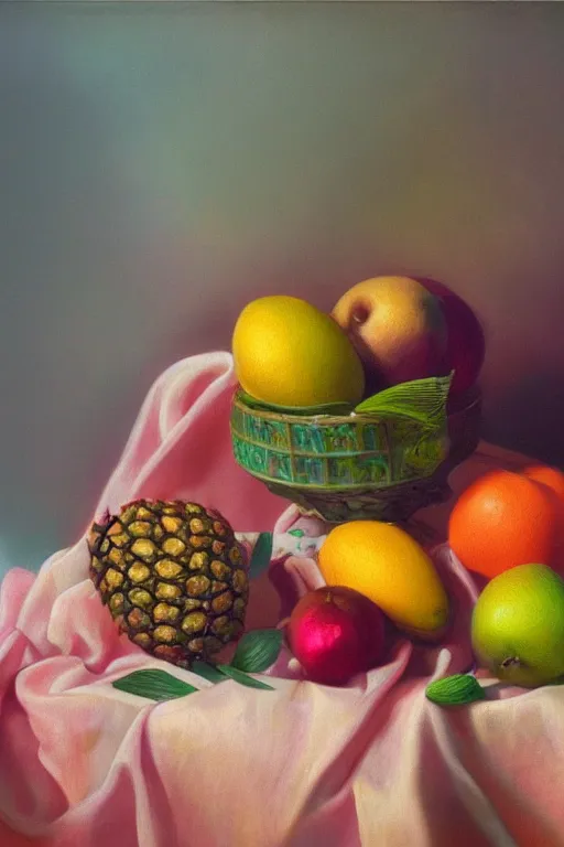 Prompt: A beautiful still life oil painting of tropical fruits lying on a silk cloth, fog, volumetric lighting, summer, hyperrealistic, colorful, hyperdetailed.