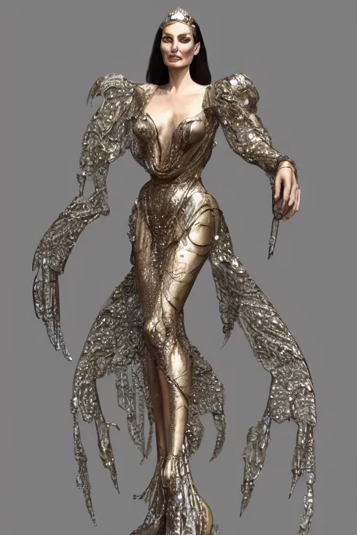 Image similar to a highly detailed 4 k render of a beautiful alien goddess angelina jolie in iris van herpen dress schiaparelli armor in diamonds and lots of jewelry in style of alphonse mucha trending on artstation made in unreal engine 4