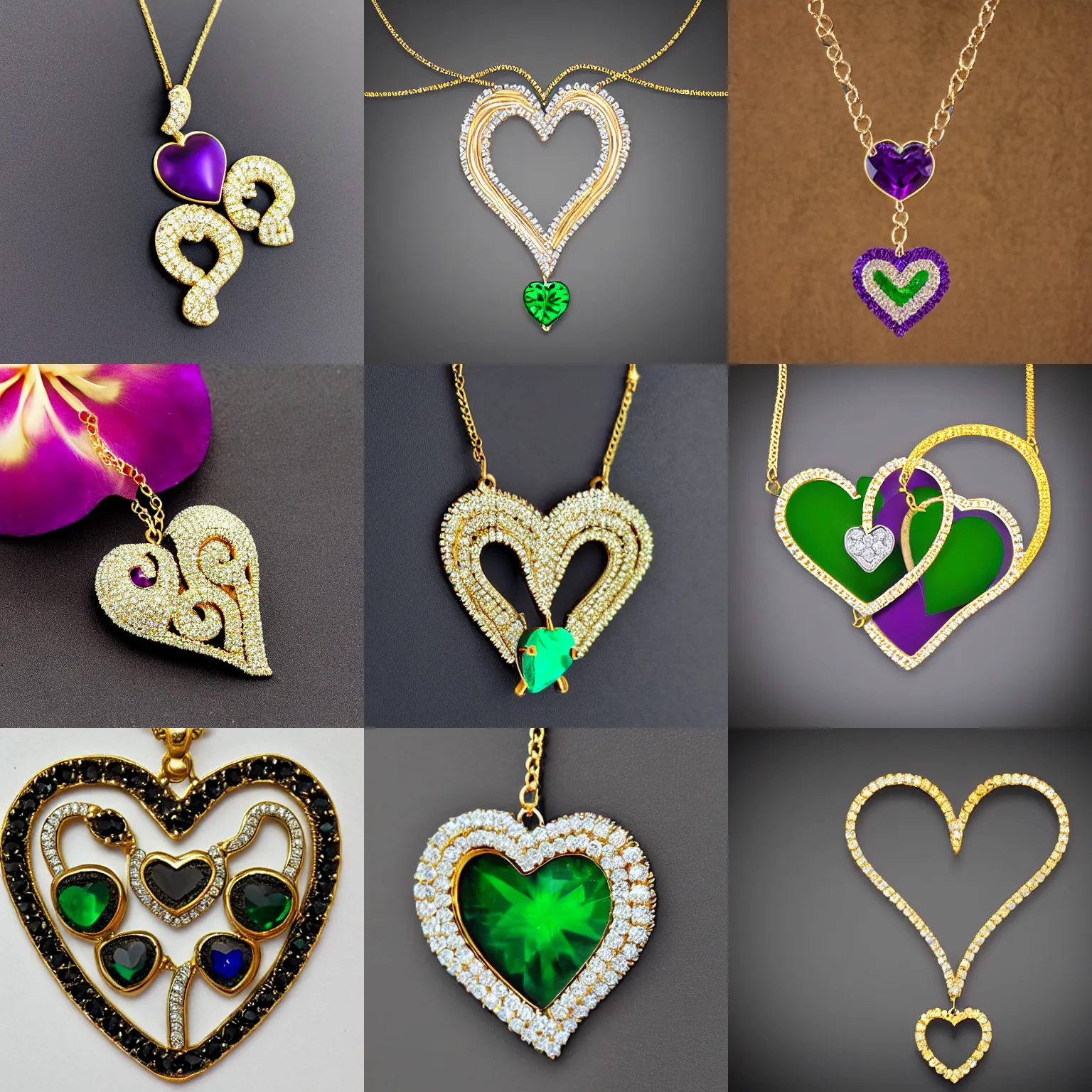 Prompt: gold and diamond curly heart shaped necklace hanger with fine purple and green stones, very realistic, ultra detailed, centered, photograph, elegant, on black background