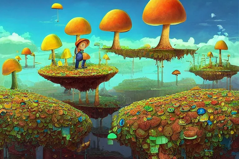 Image similar to surreal mushroom kingdom, floating island in the sky, water pipes in the ground, summer morning, very coherent and colorful high contrast, art by!!!! gediminas pranckevicius!!!!, geof darrow, dark shadows, hard lighting