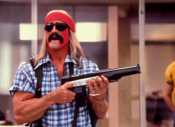 Prompt: film still of Hulk Hogan as Nada wearing a flannel shirt and sunglasses and holding a shotgun with a bandolier in Bank scene in They Live 1988