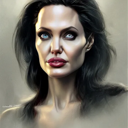 Image similar to Angelina Jolie as Lucifer Morningstar, highly detailed, digital painting, artstation, concept art, smooth, sharp focus, illustration, ArtStation, art by Katsuhiro Otomo and Tom Bagshaw